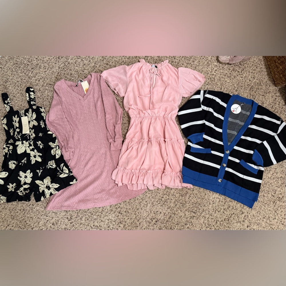 NWT 4 pc Spring bundle SZ Small romper, 2 dresses and cardigan